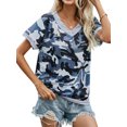 thumbnail image 1 of Women Camouflage Printed Color Block V Neck Short Sleeves Shirt, 1 of 5