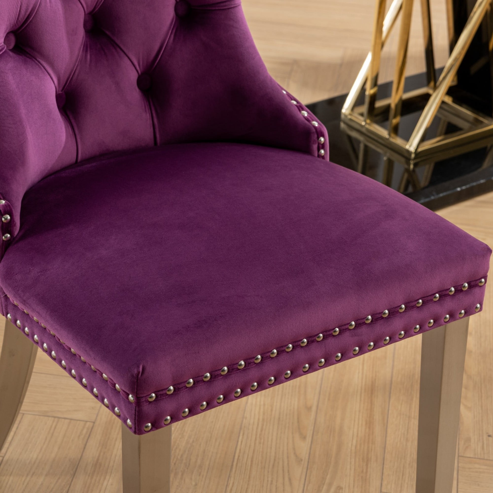 BSHTI 37.5" Velvet Upholstered Dining Room Chairs Set of 2, Modern Tufted Parson Chairs with Nailhead Trim, Foam Padded Seat for Dining Room/Kitchen(Purple)