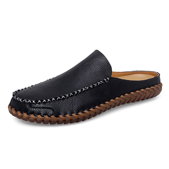 Men's Backless Slip‑On Mule Loafer Shoes, Rounded Toe Smooth Leather‑Like Upper Hand‑Stitched Edge Details Flat Flexible Outsole For Casual Daily And Indoor Outdoor Occasions