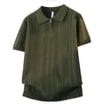 thumbnail image 3 of Men's Ribbed Knit Polo Shirt, Breathable Vertical Striped Texture, Quarter Zipper Short Sleeve Knitwear for Summer Beach and Vacation Wear, Sizes S-2XL Army Green, 3 of 4