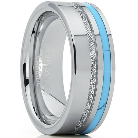 Turquoise Inlay Band - Men's Tungsten Carbide Wedding Band with Turquoise and Imitated Meteorite Inlay Comfort Fit 8mm