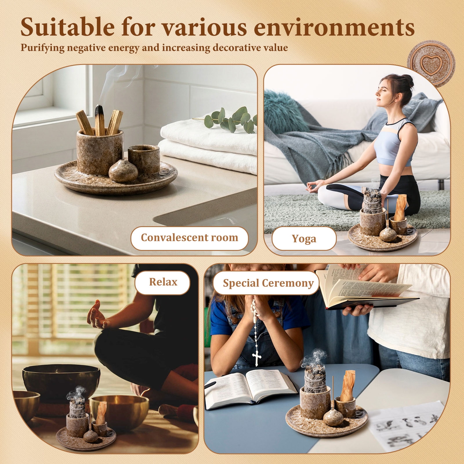 4 In 1 Ceramic Incense Holder Bowl Palo Santo Burner Sage Stick Ash Catcher Tray (white )