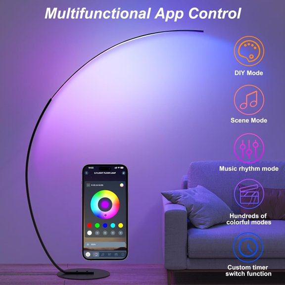 69.99 Inch RGBW Arched LED Floor Lamp with Remote Control, Dimmable Color Changing Curved Standing Light, Modern Black Ambient Reading Lamp for Bedroom and Living Room