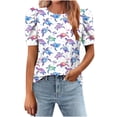 thumbnail image 1 of Tops de Algodón de las Mujeres con Cuello Tripulación Plisado Manga Corta Suéter Suelto, Top de Impresión Casual para el Hogar Y el Uso Diario, 1 of 7