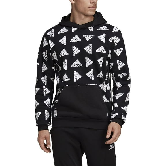 NWT Men's Black White Adidas Pullover Hoodie Logo Sweatshirt with Pocket