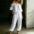 thumbnail image 4 of BESEW7 Off Shoulder Jumpsuits for Women, Summer Casual Loose Rompers with Pockets Roll Up Sleeve Elastic Waist for Daily Beach Vacation White S, 4 of 7