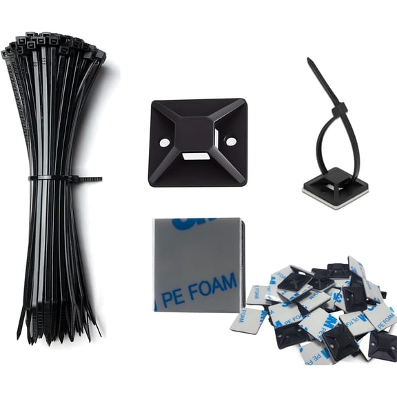 BDKWID-100 Set Cable Zip Tie Self Adhesive Mounts Kit with 6" Zip Ties, 3/4" Wire Holders Squares, Screws - Sticky Wire Fasteners Cable Clips Management Anchors Organizer - Black