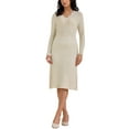 thumbnail image 2 of INSPIRE CHIC Women's Ribbed Knit Dress Long Sleeve V Neck Lightweight Sweater Elegant Pleated Dresses XS Beige, 2 of 6