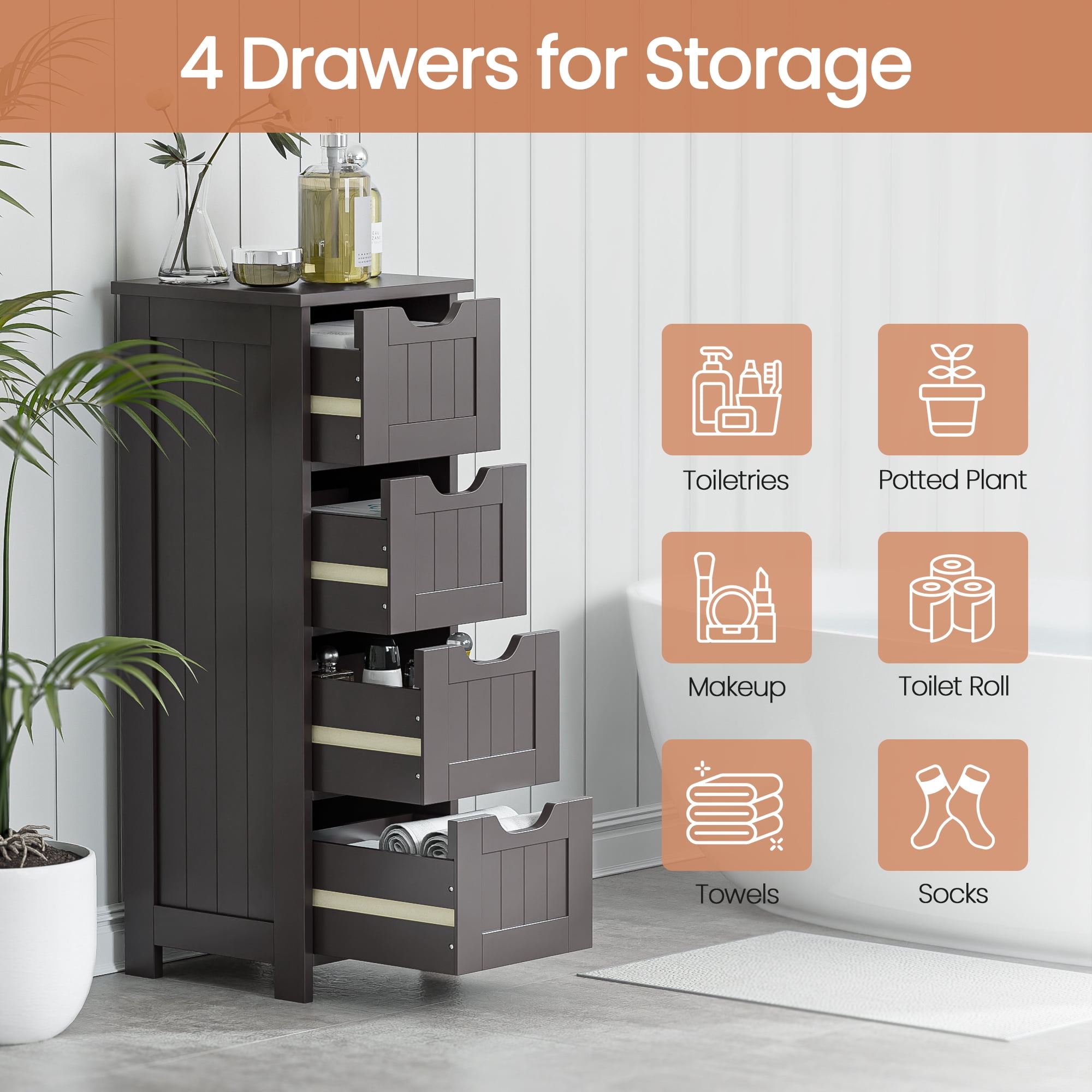 HomGarden 4 Drawers Bathroom Storage Cabinet Narrow Floor Side Cabinet for Kitchen, Dining Room Espresso