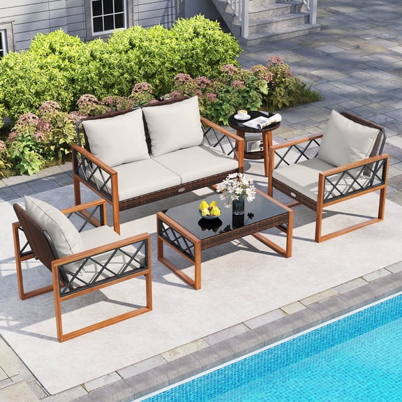 Costway 5 PCS PE Wicker Patio Furniture Set with Acacia Wood Frame Cushions for Deck Garden Mix Brown   Off-White