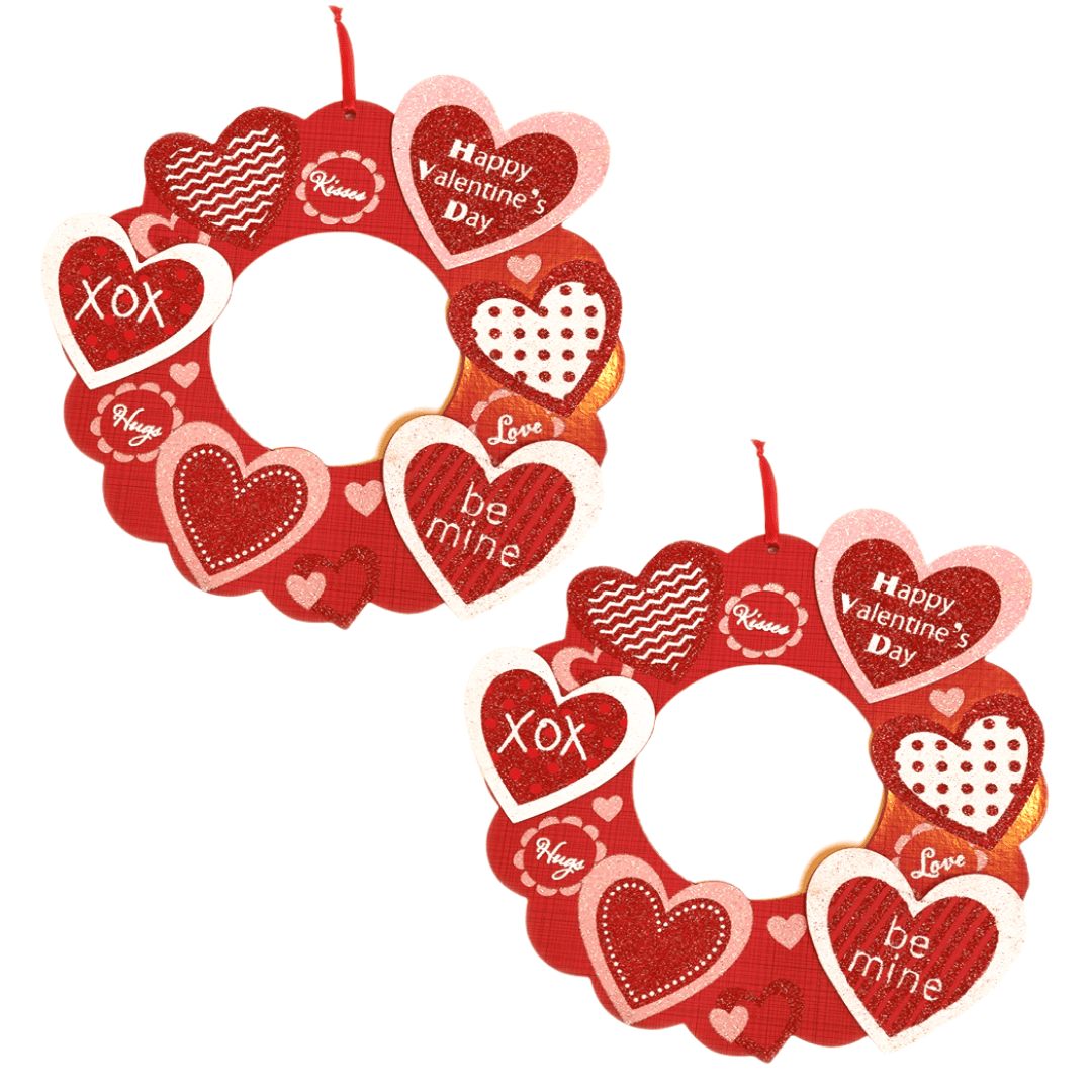 Happy Valentine's Valentines Day Hanging Wall Plaques Wooden Heart Glitter Red Wreath Door Home
