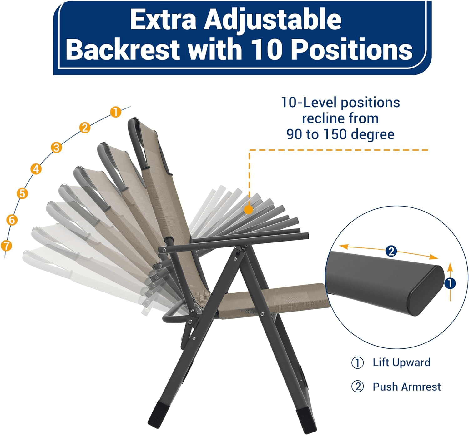 Amopatio Outdoor Folding Patio Sling Chairs Set of 2, Heavy Duty Adjustable Recliner, Folding Chairs for Outdoor Camping Garden, Support 300LB