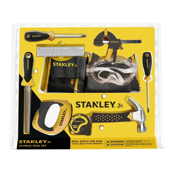 Stanley Jr. 10-piece Kids Tool Set with Tool Belt Pouch and Real Construction Tools for Pretend Play Toys or Building and Woodworking Activities