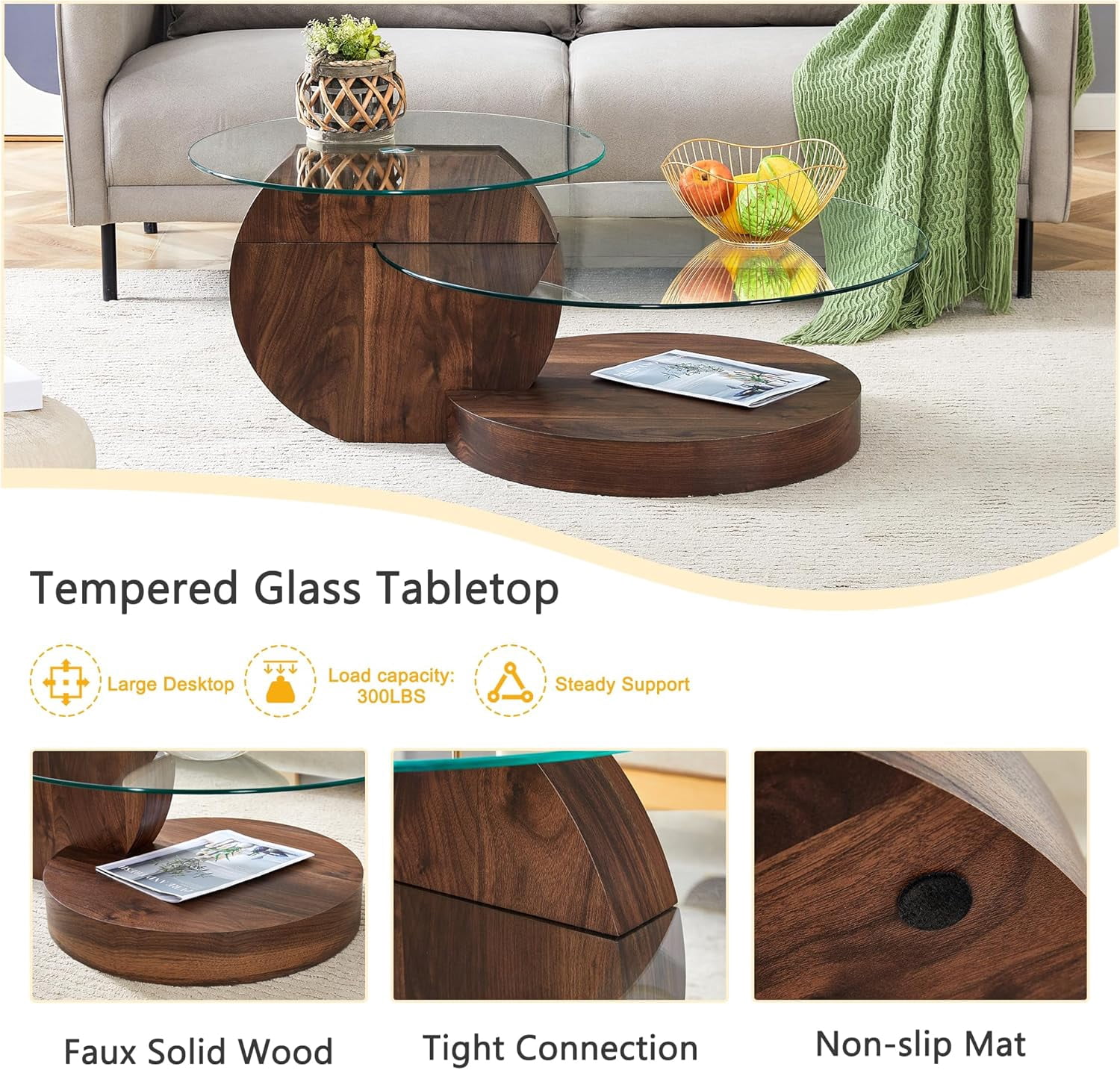 StnTalk 42" Round Coffee Table, 3-Tier Glass Coffee Table with Imitation Wood Grain MDF Base, Modern Storage Center Table for Living Room, Small Space, Apartment