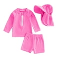 thumbnail image 3 of Rggeeun Baby Boys Swimsuit Set 3Pc Cute Striped Pattern Long Sleeve Crew Neck Front Zipper Top & Elastic Waist Swim Trunks with Cover Up Hat for Summer Water Sports Lovely Swim Wear,Pink,12-18 Months, 3 of 8