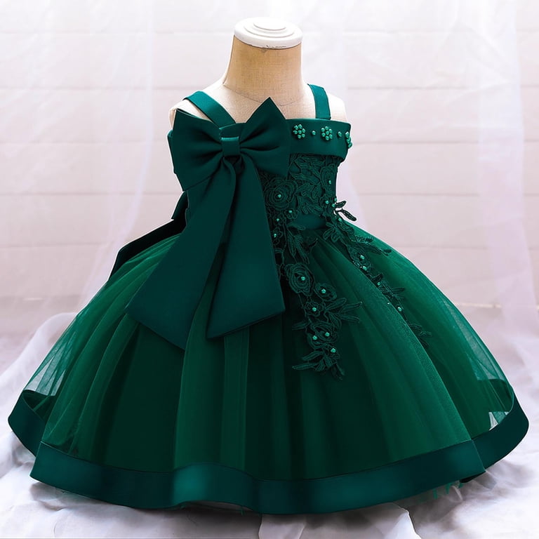 Teajopsuu Toddler Baby Girls Christening Dress Sleeveless Suspender Applique Flower Tulle Dress Princess Wedding Birthday Tutu Gown Green, Infant