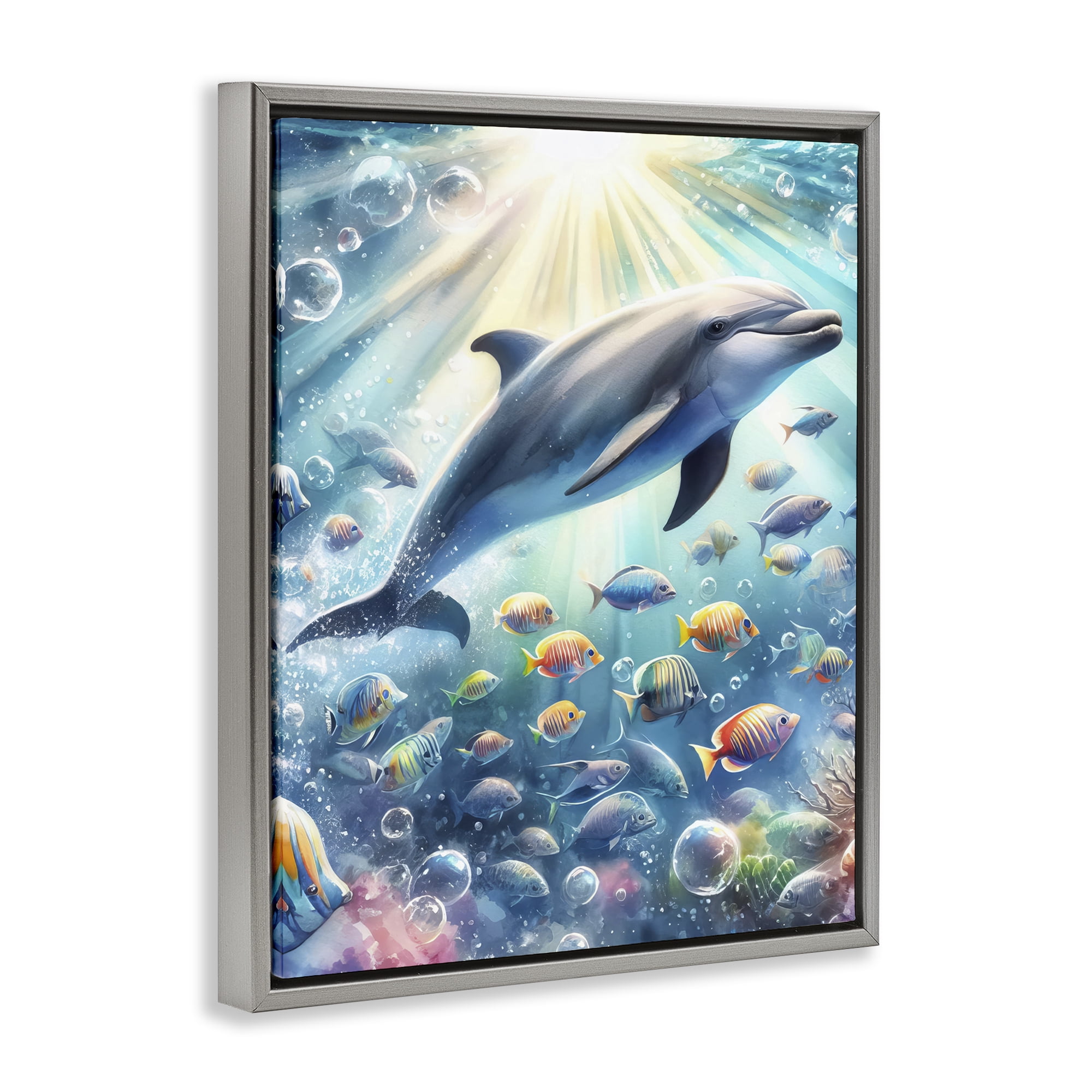 Stupell Industries Dolphin Among Sea Life Nautical & Beach Painting Gray Floater Framed Canvas Art Print Wall Art, 17 x 21