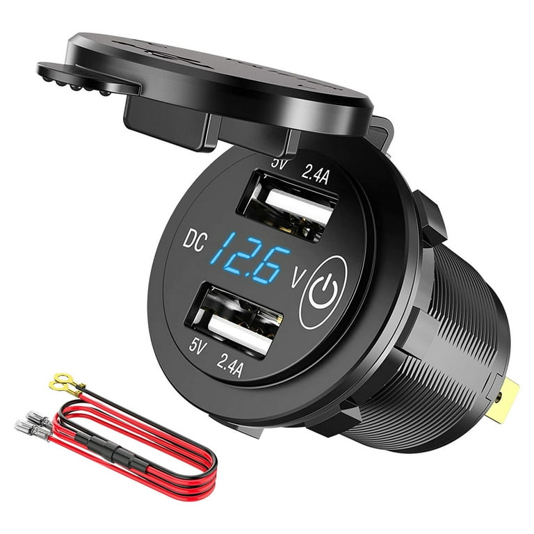 Dual USB Blue LED Outlet Adapter Charger Voltmeter 12V 24V Car ATV Boat RV