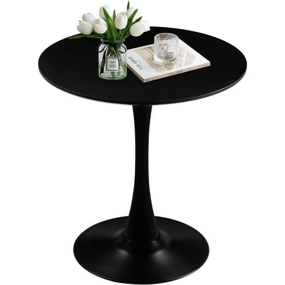 27.5" Small Round Dining Table, Modern Tulip Style Table for 1-2 People, Space-Saving Table for Dining Room, Kitchen, or Cafe, Black Pedestal Base