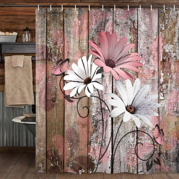 Farmhouse Flower Floral Shower Curtain, Rustic Pink Daisy Shower Curtain Set, Country Pink Wild Garden Plant Fabric Shower Curtain with Hooks, Brown Wooden Board Bathroom Curtain, 60x70inch