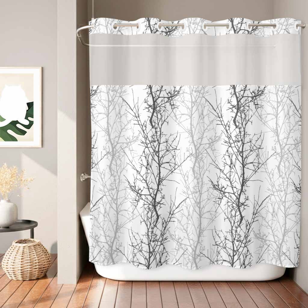 No Hook Shower Curtain, Black Gray Waterproof Fabric Shower Curtains for Bathroom, Pastoral Botanical Branch Aesthetics Standard Bathroom Curtain with Mesh Top Window for Home Hotel Bathtub 72"x72"