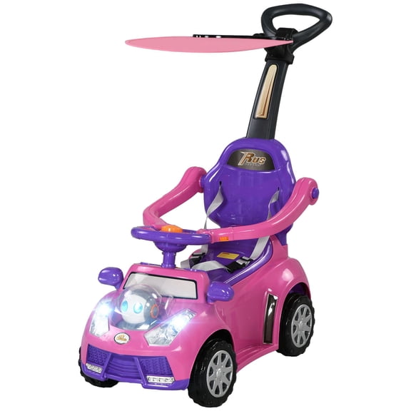3 in 1 Push Car Sliding Car Removable Handle Music Horn Canopy Safety Guardrail Pink
