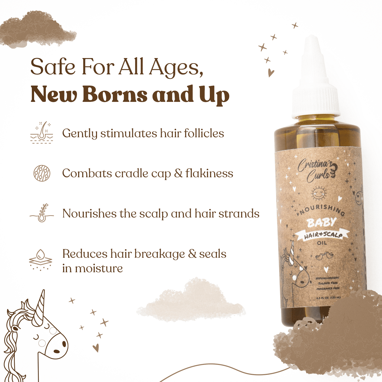 Cristina's Curls Nourishing Baby Hair & Scalp Oil For Cradle Cap Treatment, All Natural Organic Unscented Baby Oil For Newborn and Up, Gentle Hair Care for Babies & Toddlers - 4oz, 125ml