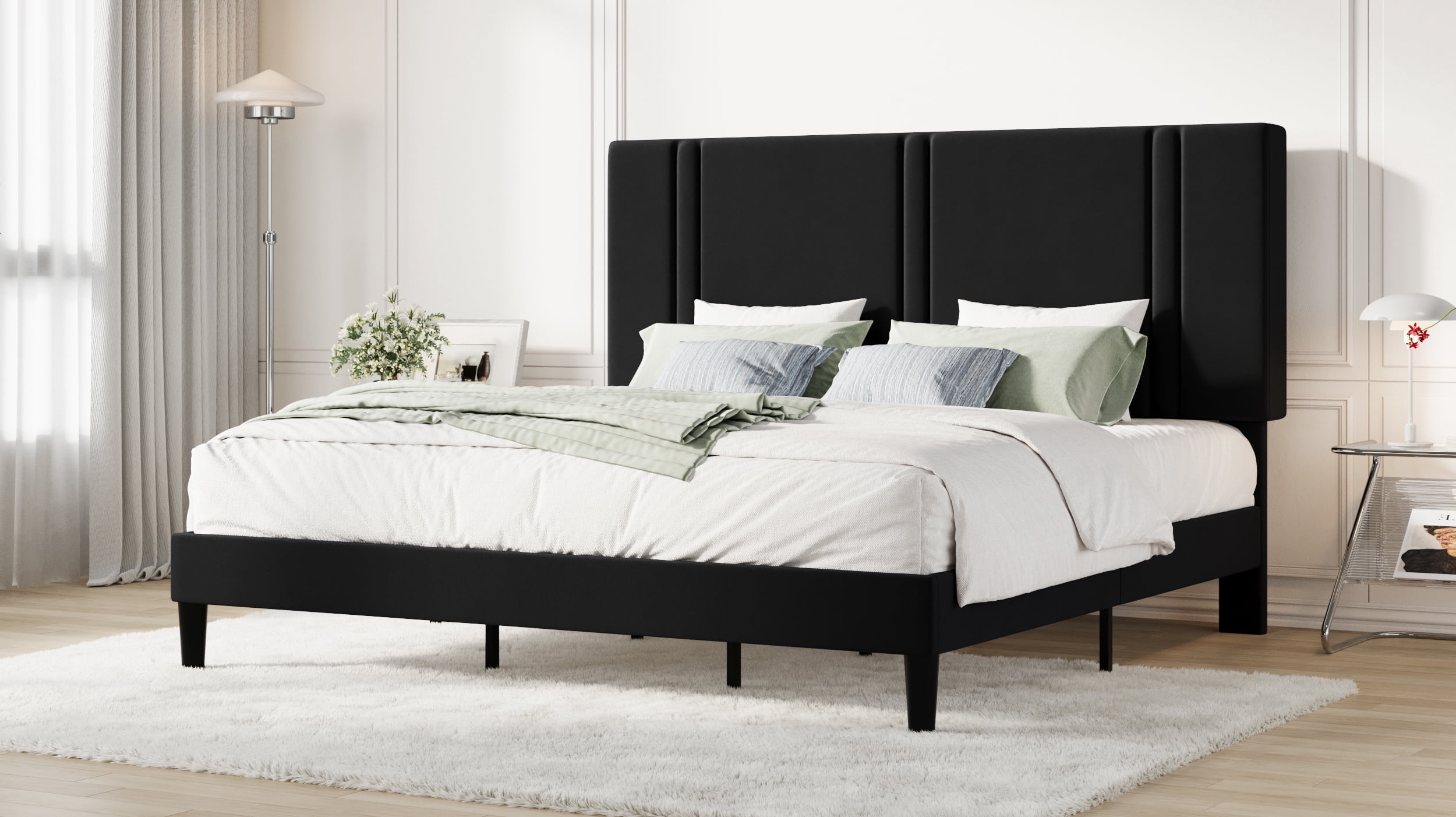 Amolife King Bed Frame, Platform Bed with Upholstered Velvet Adjustable Headboard, Wooden Slats, Easy Assembly, Black