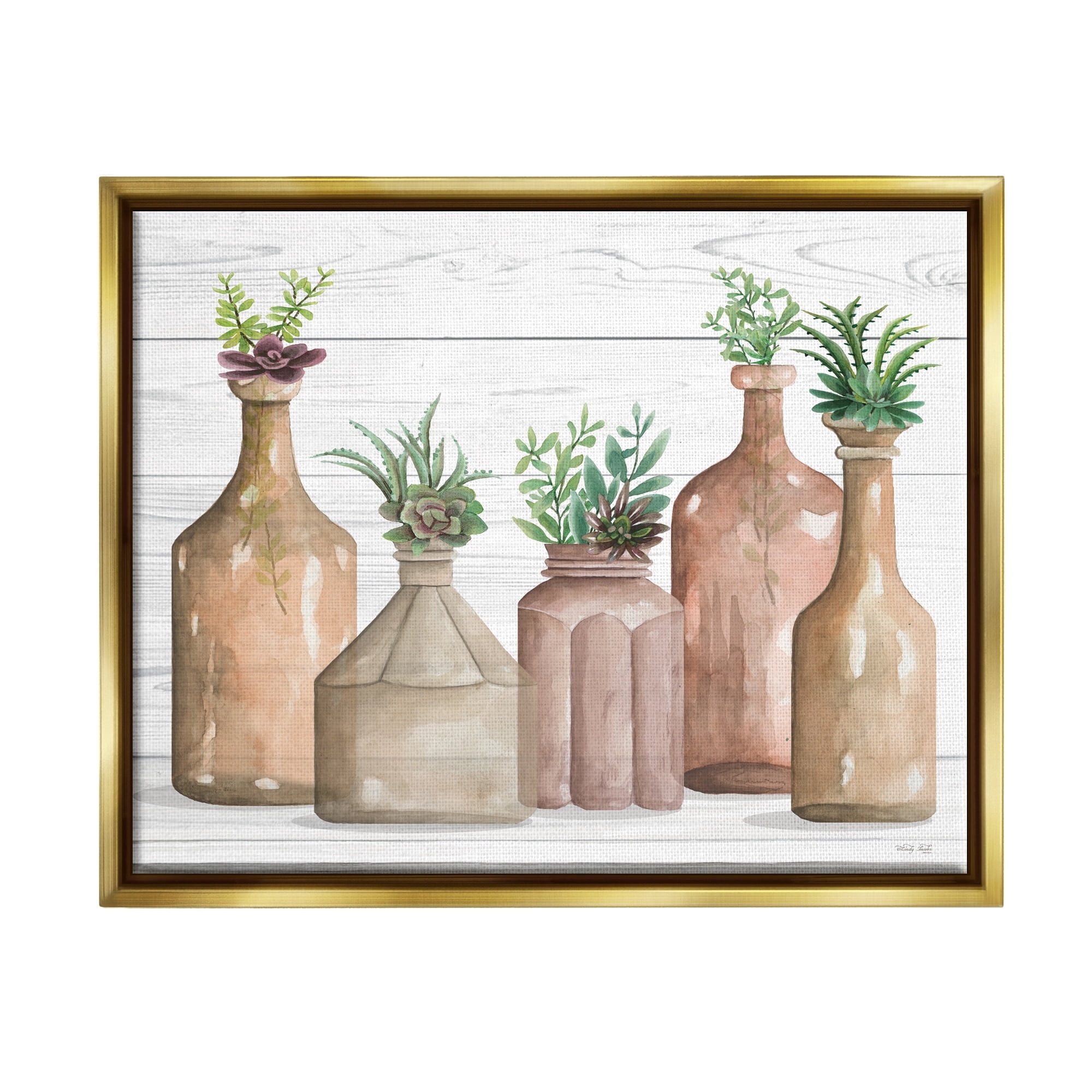 Stupell Industries Succulents Herbs Rustic Cottage Jars Leaves Arrangement Graphic Art Metallic Gold Floating Framed Canvas Print Wall Art, Design by Cindy Jacobs