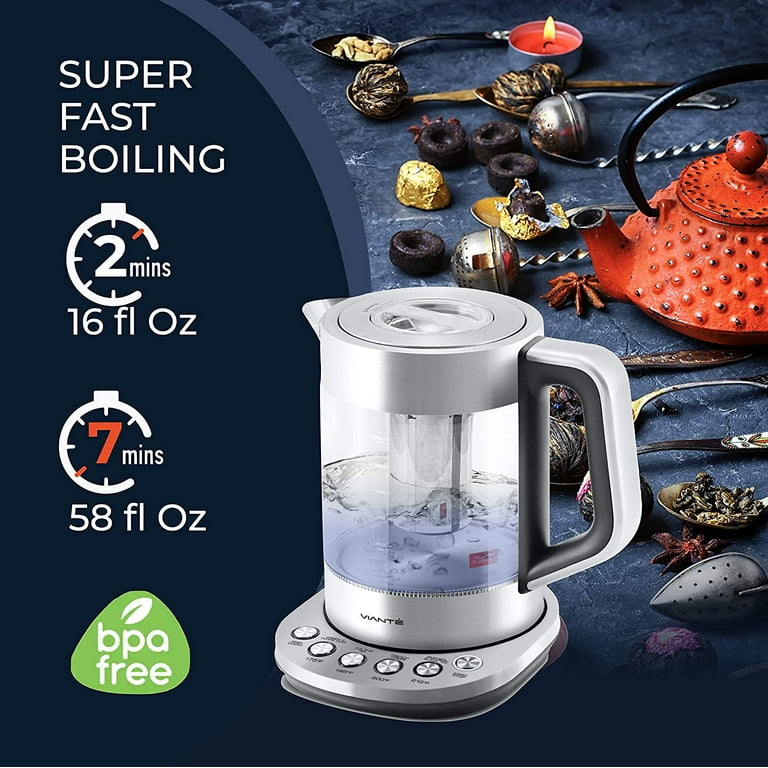 Vianté Hot Tea Maker Electric Glass Kettle with tea infuser and temperature  control. Automatic Shut off. Brewing Programs for your favorite teas and  Coffee.