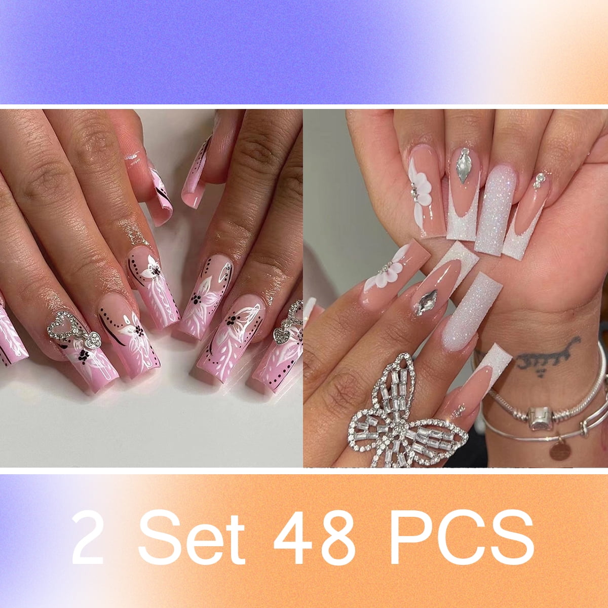 Rainsin 2 Set 48 PCS Short Coffin Full Coverage Luxury Press On Fake