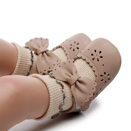 

LYCAQL Girls Single Shoes Bowknot First Walkers Shoes Hook Loop Toddler Soft Bottom Breathable Princess Strip Shoes (Khaki 5 )