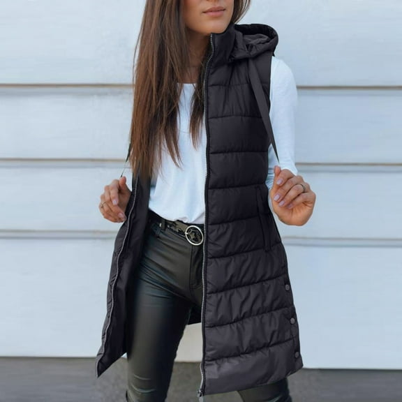 Fgvctg Puffer Vest Women Sleeveless Quilted Warm Puffer Vests Long Hooded Solid Coat Puffy Zip Up Jacket Oversized Outerwear Clothes with Pockets Black XL