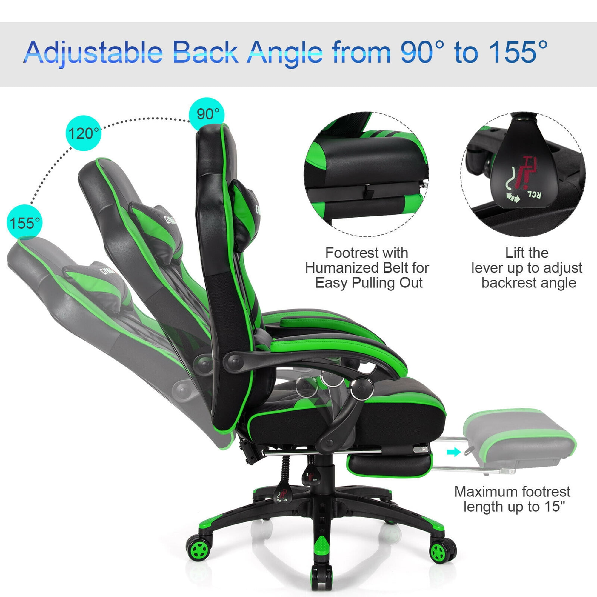 Gymax Office Computer Desk Chair Gaming Chair Adjustable Swivel w/Footrest Green