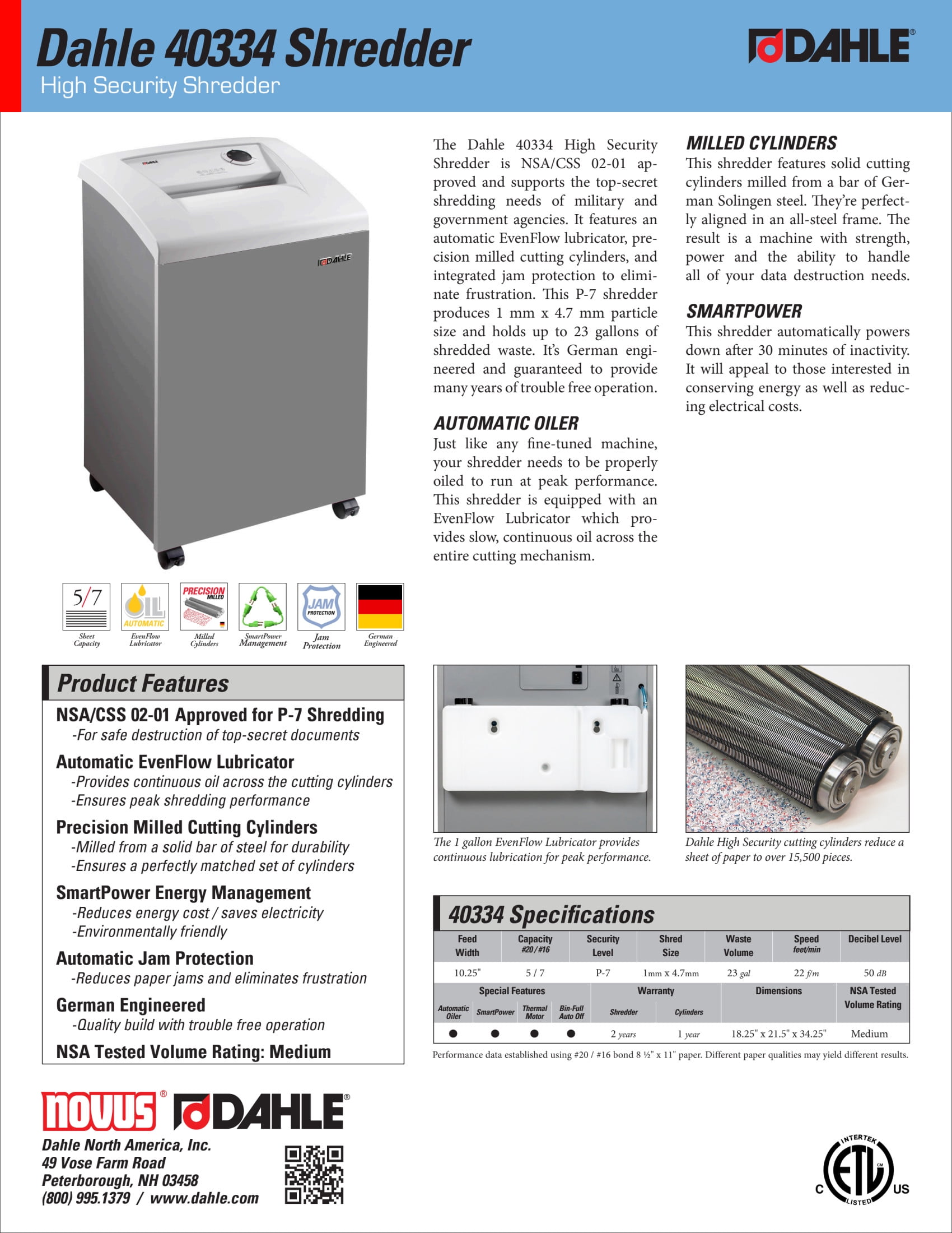 Dahle 40334 High Security Paper Shredder w/Auto Oiler, NSA/CSS 02-01, 5 Sheet Max, Level P-7