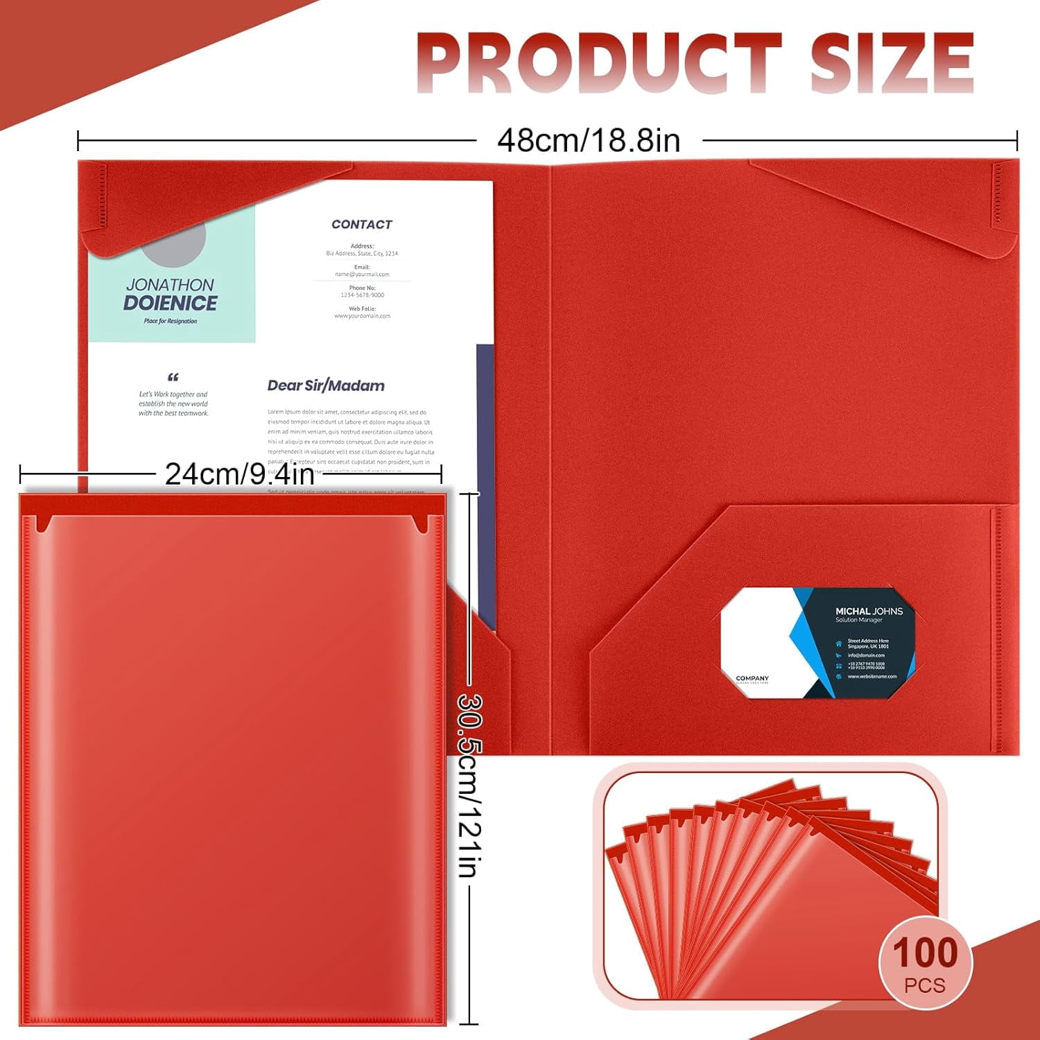 100 Pack Red Plastic Folders Heavy Duty with  Pockets for School Office