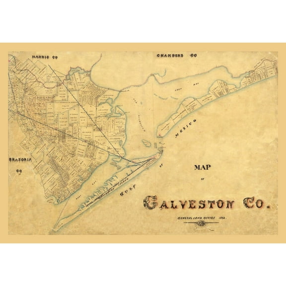 Historic County Map- Galveston County Texas - General Land Office 1883 - Vintage Wall Art