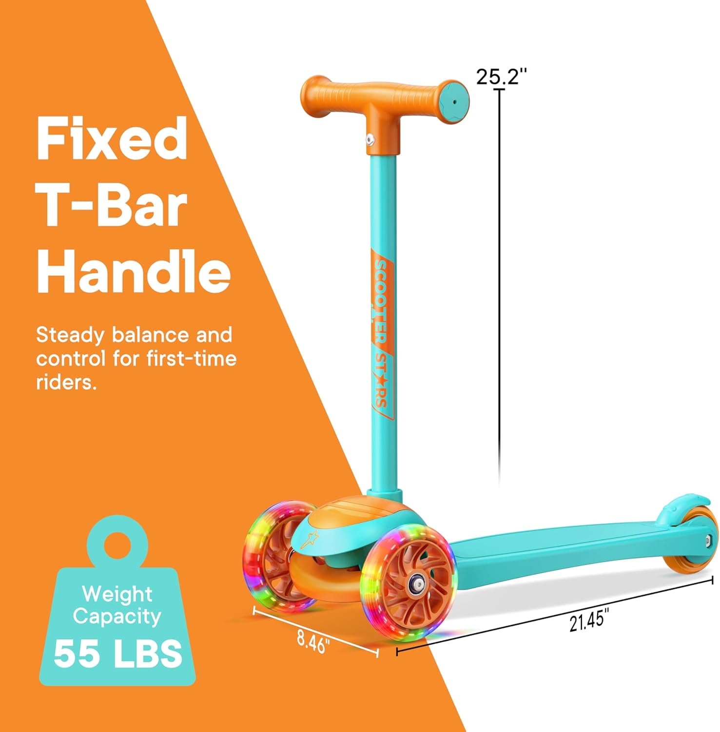 Scooter Stars 3-Wheel Kids Scooter with Light-Up LED Front Wheels, Wide Anti-Slip Deck, Rear Foot Brake, Lean-to-Steer Ride-On Toy