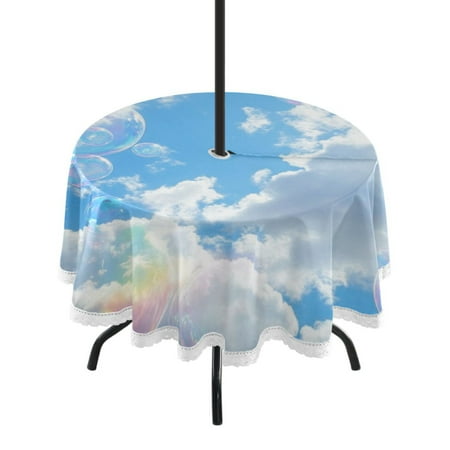 

Round Tablecloth 60*60 Inches Round Tablecloth Outdoor Style Tablecloth With Umbrella Holes Tablecloth Outdoor Suitable For Kitchens and Dining Rooms Blue Sky Colorful Bubbles