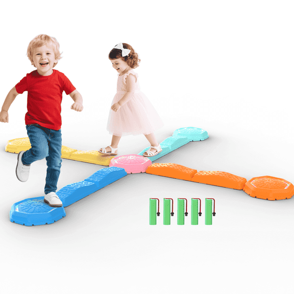 Holyton Interactive Light & Music Balance Set for Kids – 8 Modular Beams & 5 Sound-light up Stepping Stones – Toddler Balance Toys for Indoor & Outdoor Play – Build, Jump, Balance & Create