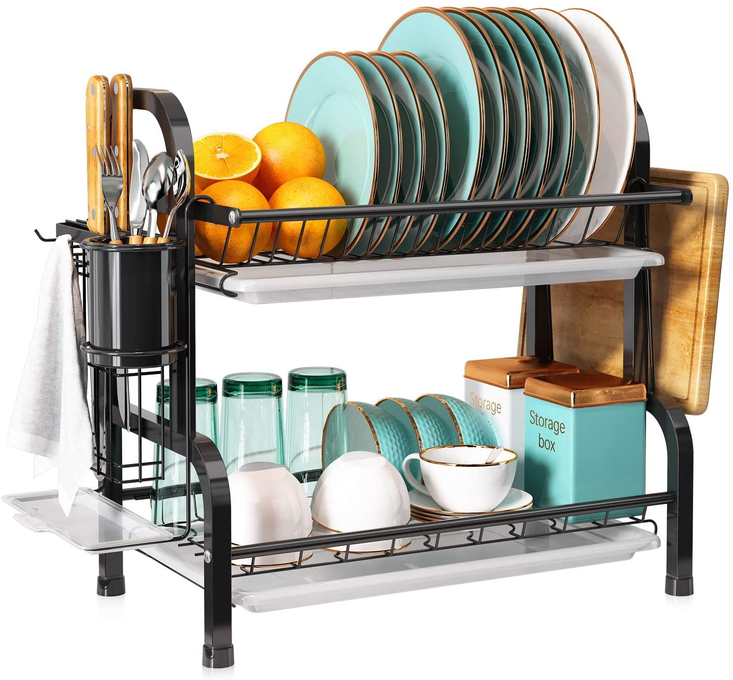 Dish Drying Rack, 2 Tier Dish Rack Drainboard Set, Stainless Steel Compact Dish Drainer for Kitchen Counter with Utensil Knife Holder, Cutting Board ...