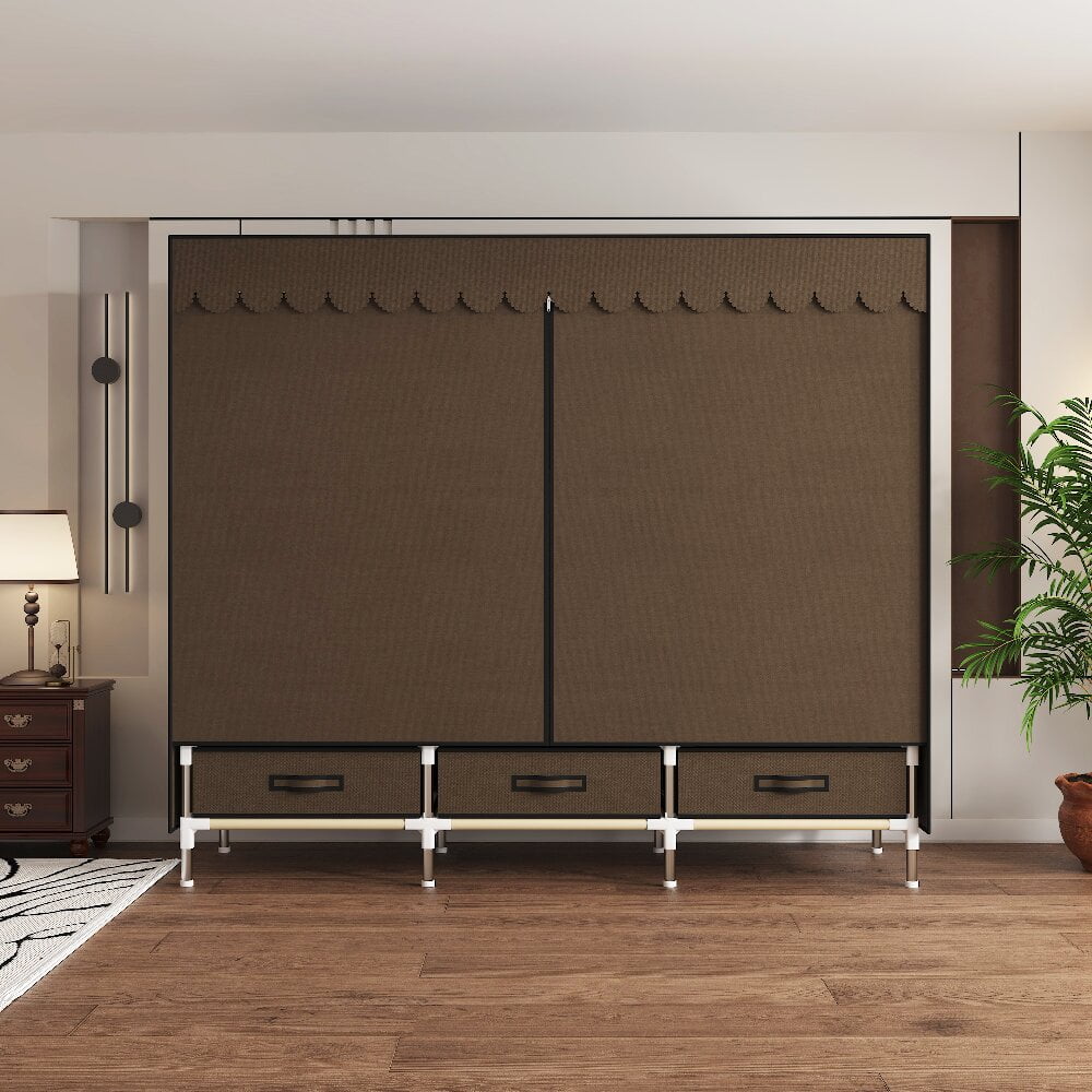 59Inch Portable Wardrobe Closet, 3 Storage Spaces with 3 Hanging Rods,3 Drawers，Steel Frame Fabric Organizer, Easy Assembly and Dust Resistant Design, Brown