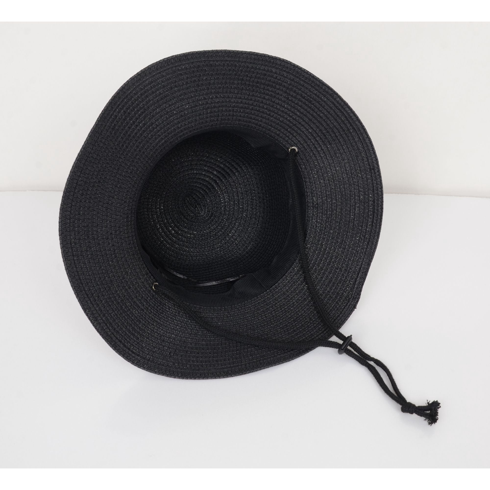Wide Brim Straw Sun Hat with Chin Strap and Black Cord Detail for Outdoor Protection and Stylish Shade - Black