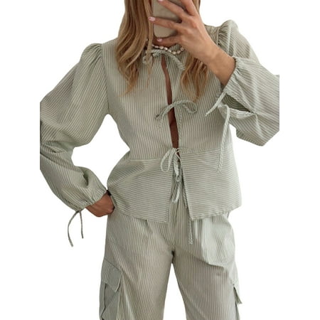 ZIYIXIN Women Puff Long Sleeve Peplum Shirts Y2k Lace Up Tie Front Ruffle Hem Loose Blouse Dressy Casual Babydoll Tops