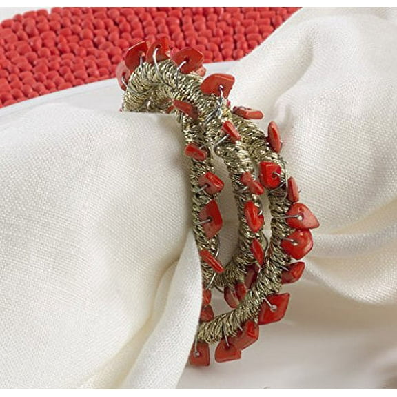 Fennco Styles Hand Beaded Napkin Ring, Set of 4, 3 Colors (Coral)