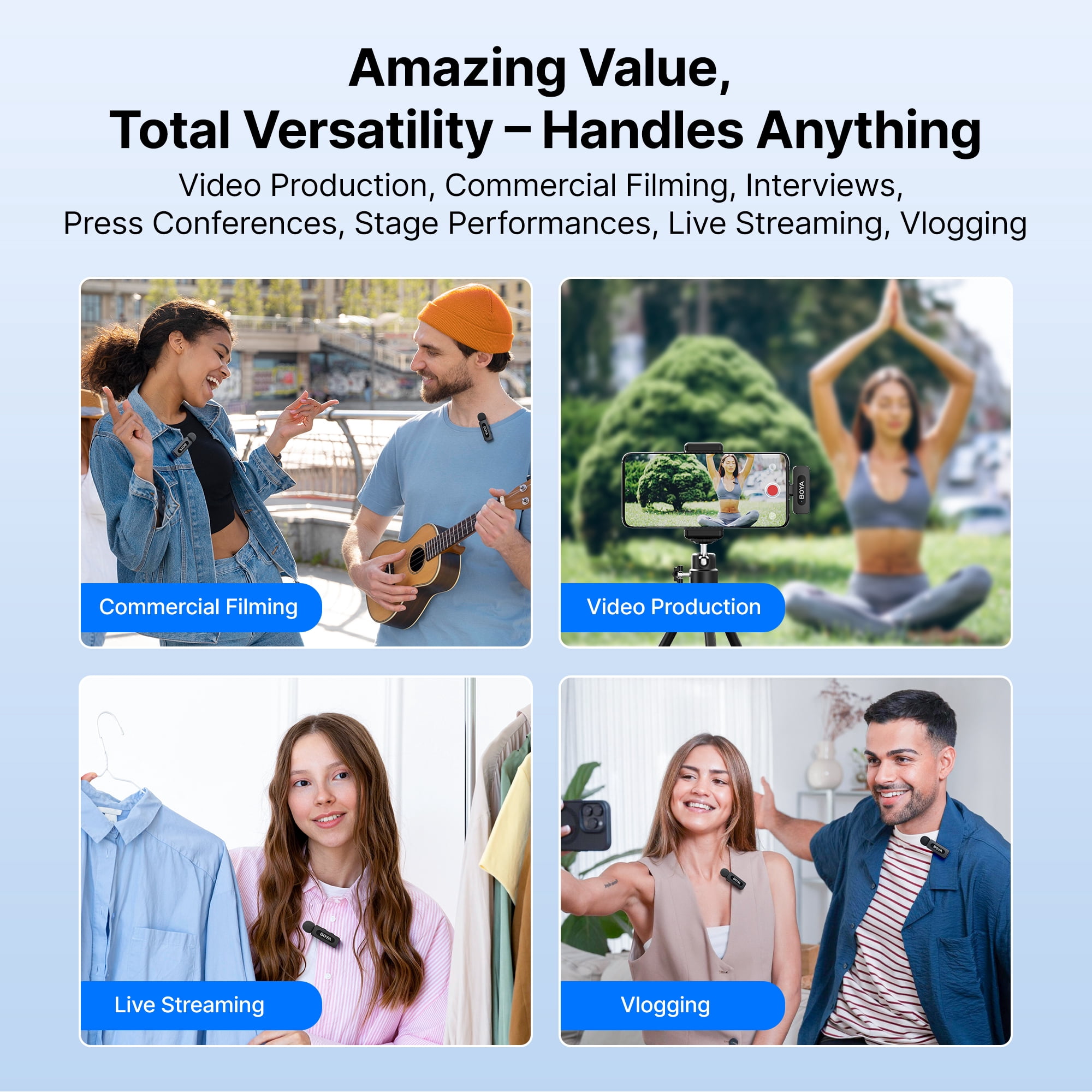 BOYA BY-V10 Wireless Microphone for iphone 15/16/17, 328Ft Transmission with 9H Battery, AI Noise Reduction, Use while Charging, for Live Streaming and Video Creation