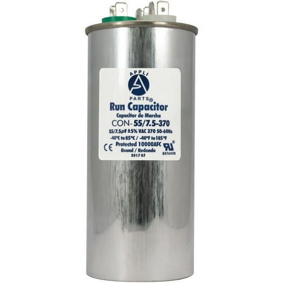 Appli Parts Dual Run Capacitor for ac 55 7.5 Mfd uF (microfarads) 370VAC or 450VAC CBB65 Round Universal fit for hvac and other applications 5-1/4 in High 2 in Wide CON-55/7.5-450