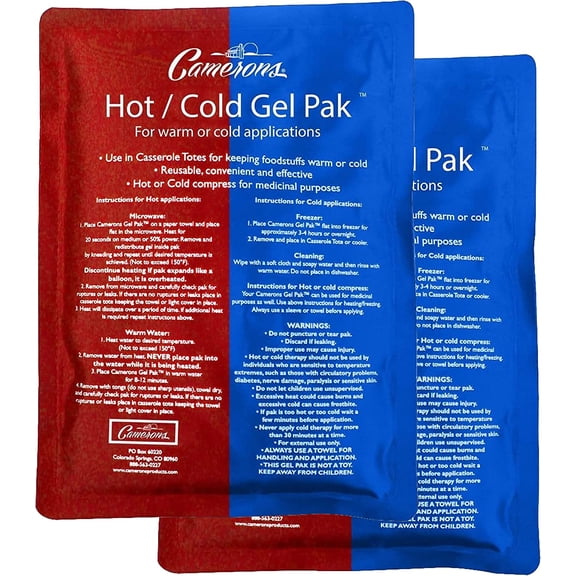 Camerons Hot or Cold Gel Pack Set of 2- XL Size (8 x 11") Reusable Ice Pack for Icing and Heating Injuries, Keeping Food Warm or Cold During Travel- Microwave and Freezer Safe