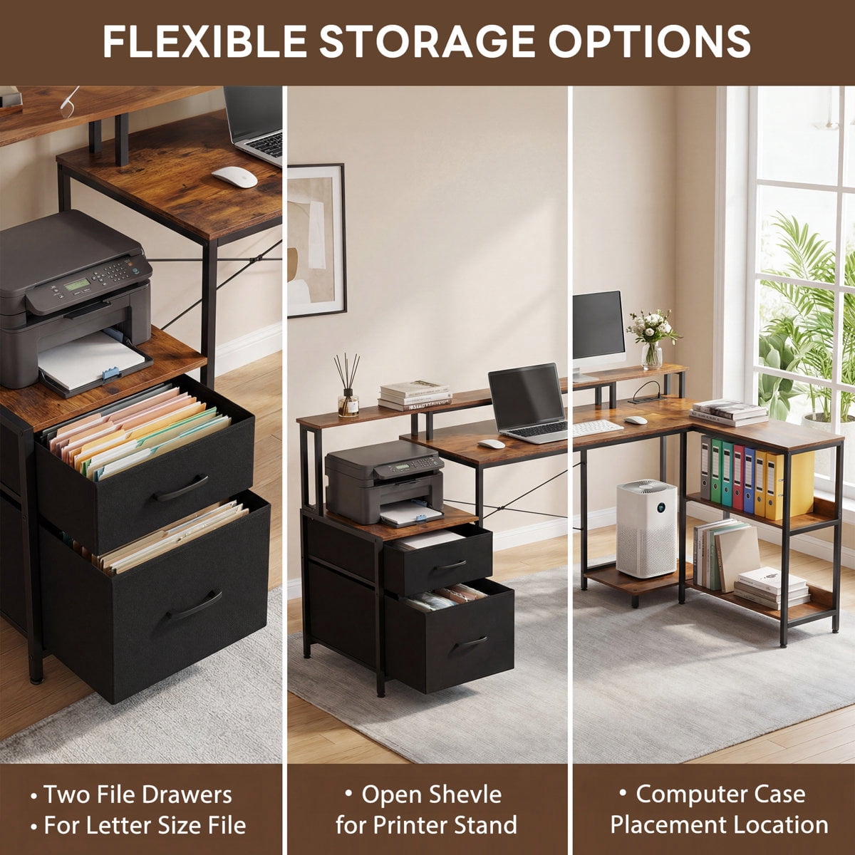 JIOABL Reversible L-Shaped Office Desk with Power Outlet, LED Light, Storage Drawer & Bookshelf, Rust