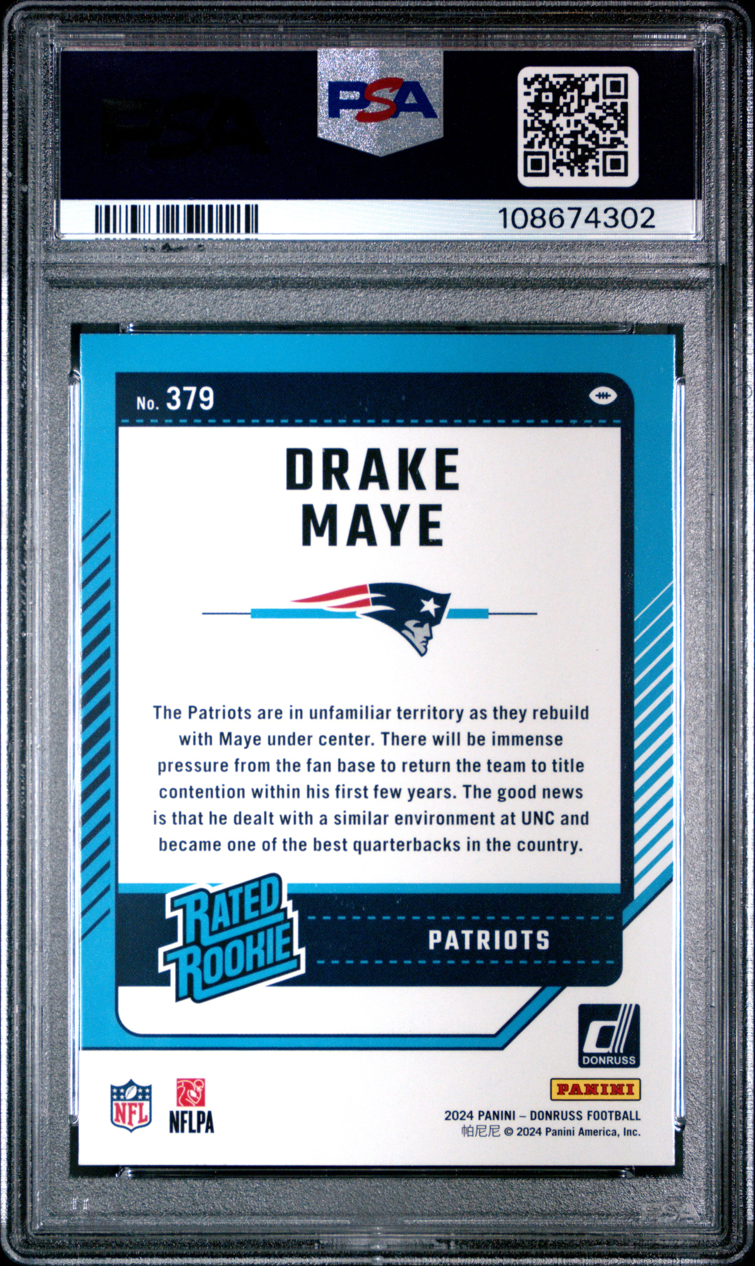 Drake Maye 2024 Donruss Rated Rookie Football Card #379 Graded PSA 10 Cert #108674302